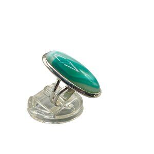 Vintage Sterling Silver & Green Agate Ring Size 6 Elongated Oblong Oval Stone